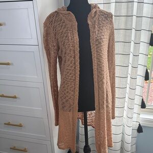 Women's Tan Open-Knit Sweater with hood